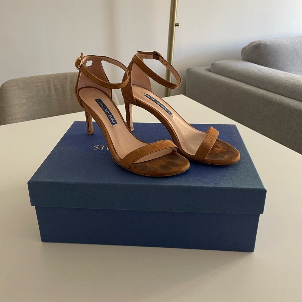 Stuart Weitzman Suede Brown Ankle Strap Heel Sandals Size 4 / 34
